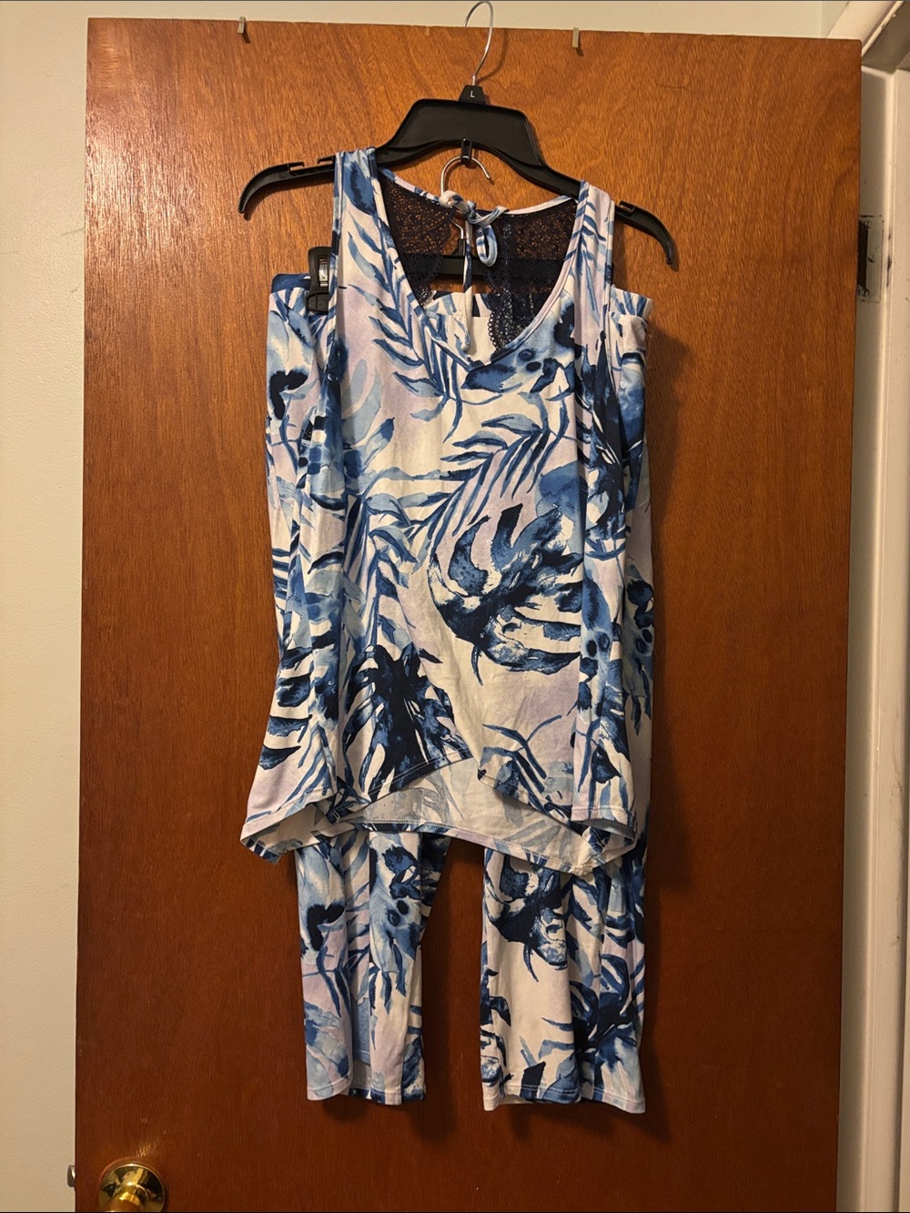 Linea Donatella Blue and White Tropical Print Pajama Set- Medium
